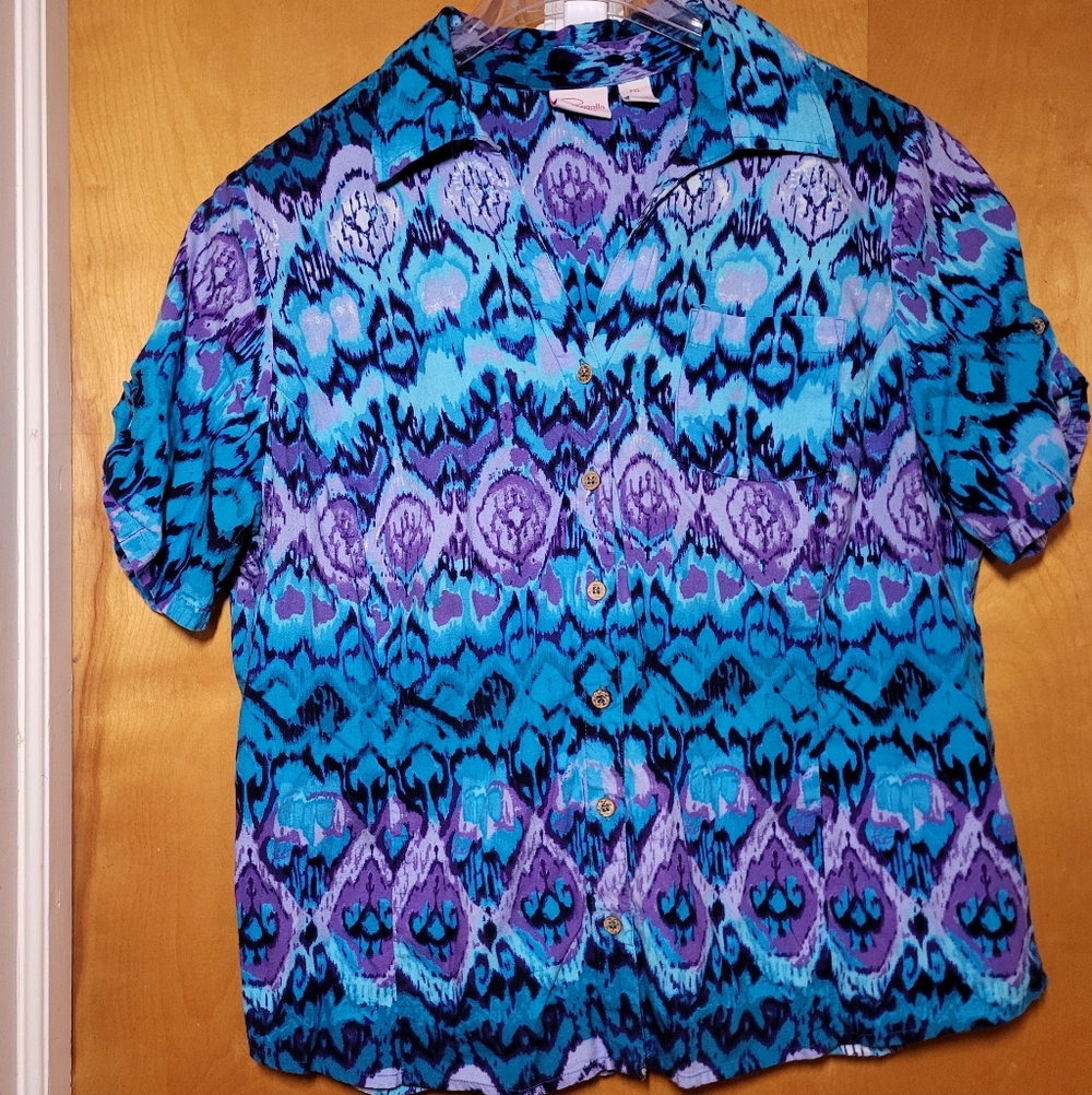 Vintage Psychedelic Blue And Purple Button-Down Short-Sleeve Shirt